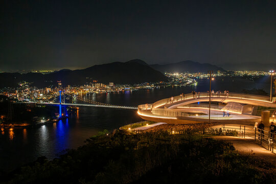 Night View of Illuminated Kanmon Bridge and Shimonoseki City from Hinoyama Park Observatory