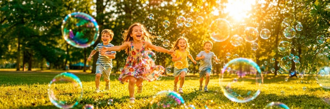 Happy children running through soap bubbles in sunny park in wide website banner format, carefree summer childhood and outdoor fun concept.