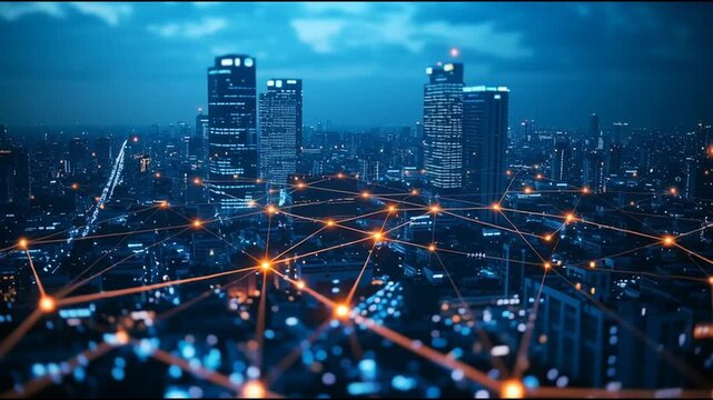 Smart digital Innovation City of the business world with connection financial business data all the time network reciprocity over the twilight cityscape. of future cyber security wireless digital city