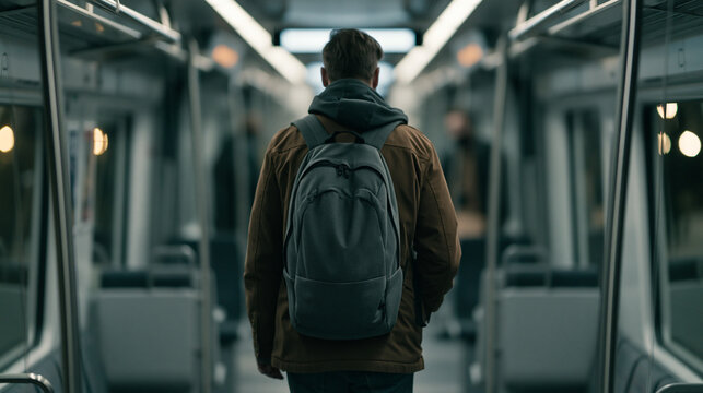 Man with backpack walking through passenger train carriage, daily commuting, urban mobility, travel lifestyle and modern transportation concept