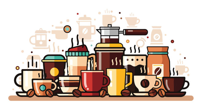 Colorful cartoon illustration of various coffee cups and machines