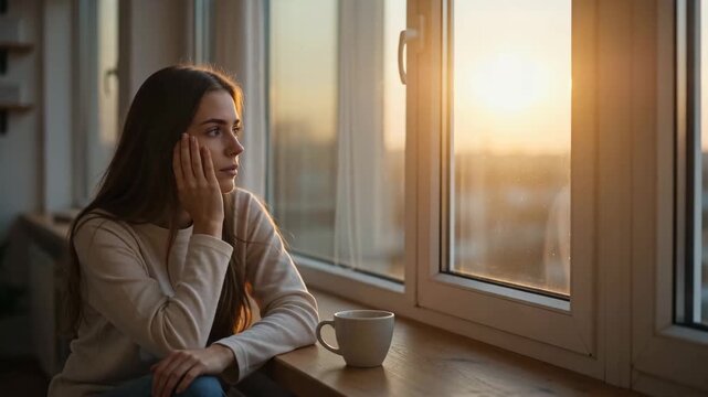Young Woman Reflects by Window with Coffee: Capturing Emotional Micro-Moments of Solitude