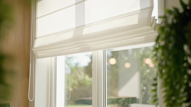 Bright Window with Roman Shades and Greenery in a Sunny Room.