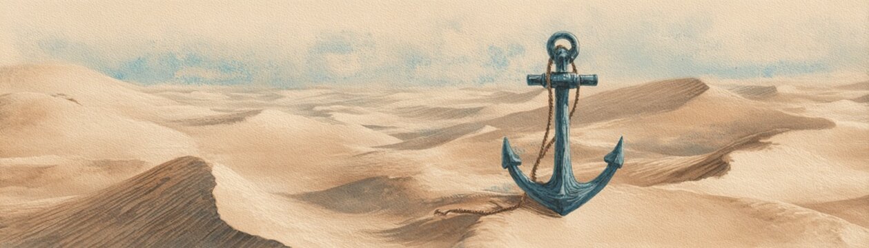 A large anchor is embedded in a vast sandy desert under a blue sky with scattered clouds, creating a surreal contrast between sea and desert imagery.
