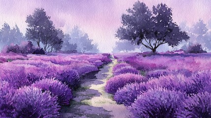 Fototapeta premium A serene lavender field stretches under a soft purple sky, with a winding path leading through vibrant purple bushes and scattered trees.
