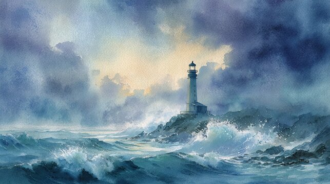 A dramatic seascape with a tall lighthouse on rocky cliffs amid turbulent waves under a stormy sky.