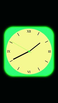 Yellow clock face with Roman numerals and green border. Yellow clock face time watch animation. Minimalist glowing clock face on green background.