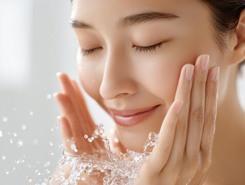 新鮮な水で洗顔する若いアジア人女性のスキンケア