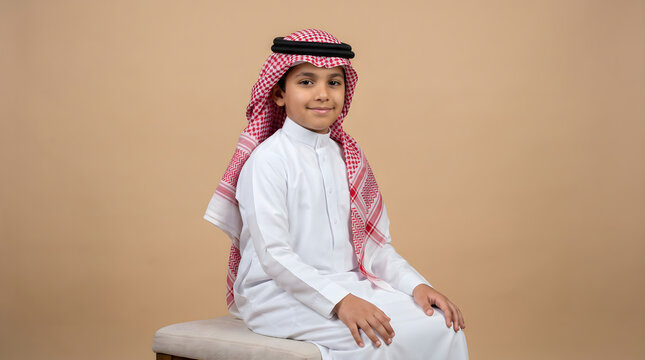 Portrait of young Saudi boy in traditional thobe and ghutra sitting against beige studio background.