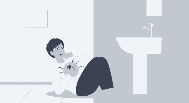 A Person Suffering Chest Pain In A Bathroom Medical Illustration Showing Distress