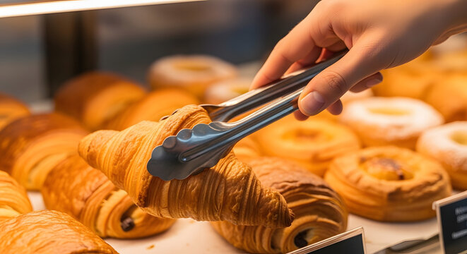 Baker using tongs to arrange fresh golden croissants in a bakery display case