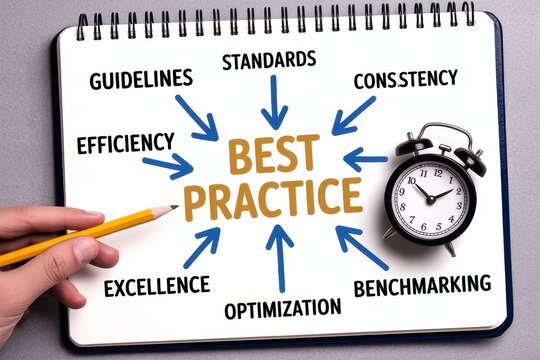 Best practice business concept with diagram on notebook and alarm clock