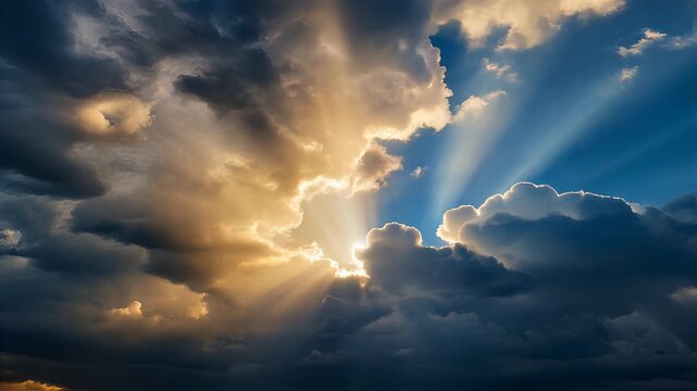 Cinematic sunbeams piercing dramatic storm clouds, bright golden light erupting from behind dark cumulus formations, representing hope, divine intervention, and overcoming adversity, sky background.