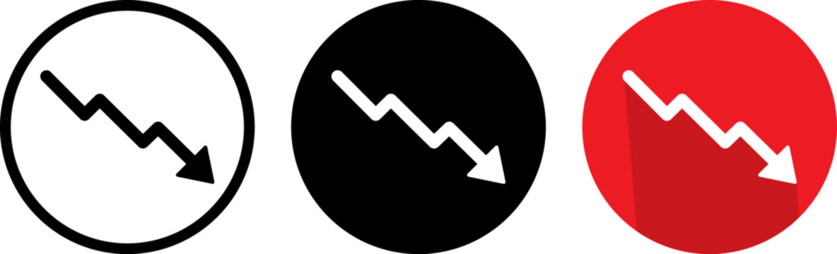 Set of three downward trend icons with zigzag arrow