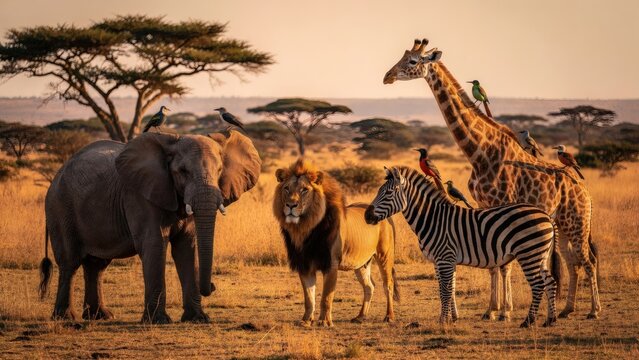 Group of African Wildlife Animals in Natural Savanna at Sunset