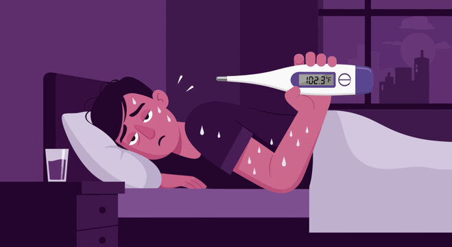 A Person Suffering From Fever Checks Temperature While Resting In Bed At Night