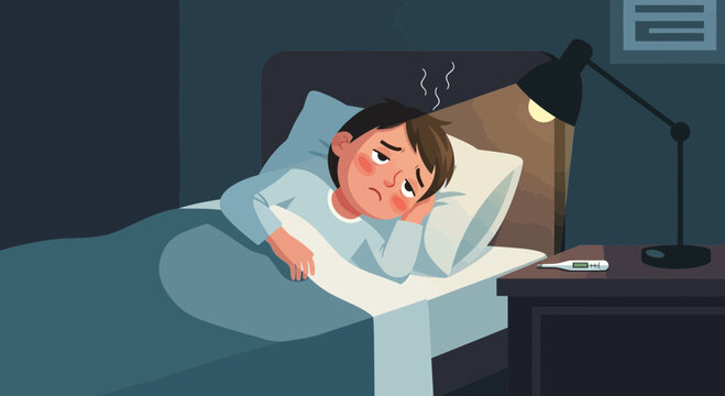 A Person Suffering From Fever: Lying In Bed And Feeling Ill During The Night.