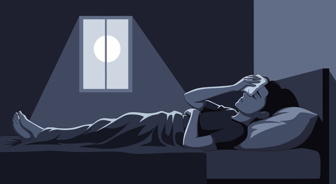 A Person Suffering From Fever Resting In Bed At The Dark Night and Trying to get Well