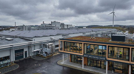 Obraz premium Sustainable Industrial Complex with Solar Panels and Smart Grid