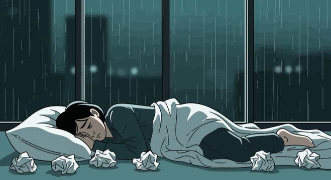A Person Sleeps By A Window, Overcome With Grief While Rain Falls Outside And The City Lights Glow