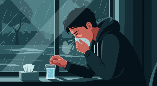 A Person Sneezes And Takes Medicine On A Rainy Day In A Cozy Room
