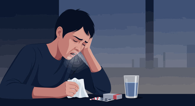 A Person Suffering From Illness and Symptoms, Seeking Medical Remedies and Fluids