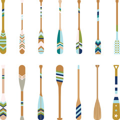 Oars Set colorful, Boat realistic oar paddles, isolated symbol. Wooden paddles collection, colorful kayak oars with patterns, Vector Illustration © Bashar