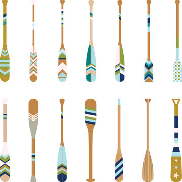 Oars Set colorful, Boat realistic oar paddles, isolated symbol. Wooden paddles collection, colorful kayak oars with patterns, Vector Illustration