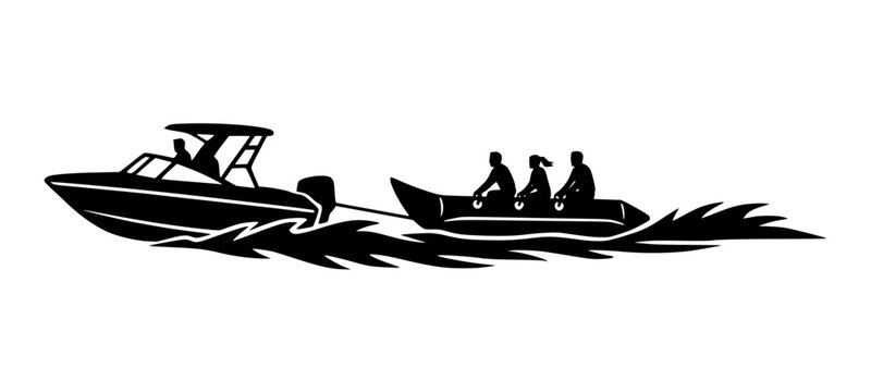 Silhouette of a speedboat towing an inflatable raft with riders enjoying summer water sports