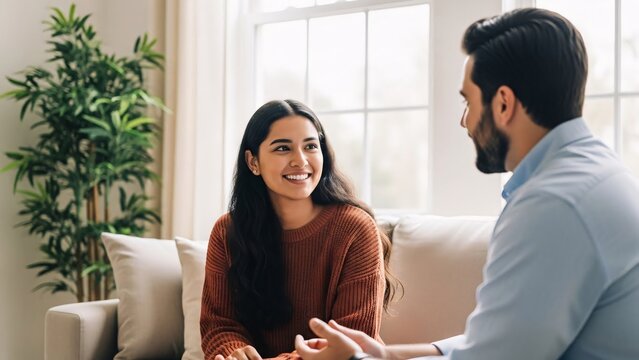 Happy woman and male therapist engaging in a counseling session in a cozy bright living room with large window and green plant for mental health support and emotional well-being