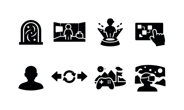 Interactive digital worlds. Filled icon set of interactive digital worlds: digital portal, virtual room,