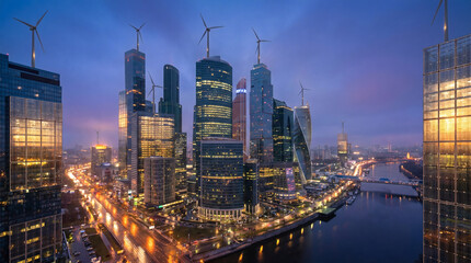 Naklejka premium Sustainable City of the Future with Wind Turbines on Skyscrapers