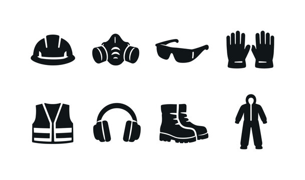 Personal protective equipment. Filled icon set of personal protective equipment: hard hat, respirator mask,