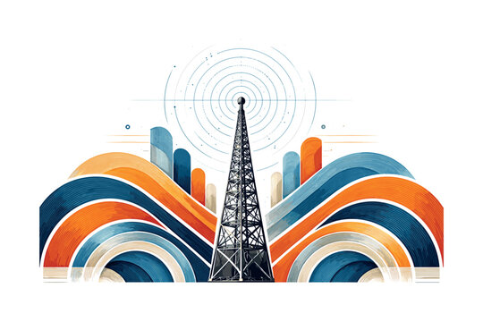 vintage broadcast tower combined with geometric wave patterns, monochrome structure with bold blue and orange
