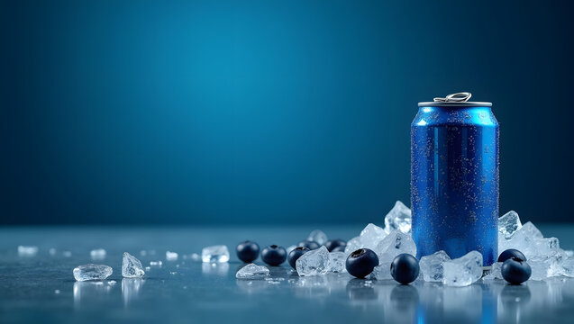 Wide Blue Beverage Banner with Ice Cubes and Blueberries on Dark Background