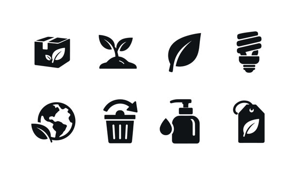 Green product design. Filled icon set of green product design: eco packaging, biodegradable material, leaf