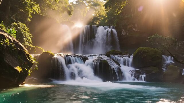Serene paradise with sunlight filtering through mist over breathtaking natural landscape