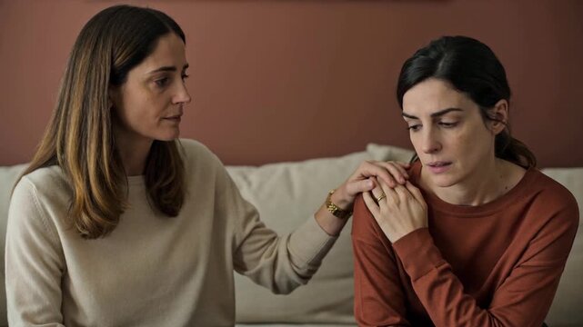 Empathetic Friend Comforting a Distressed Woman on a Sofa, Showing Support and Understanding During