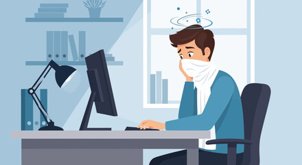 Naklejka premium A Person Suffering From Illness at Work, Feeling Dizzy and Unwell During a Pandemic