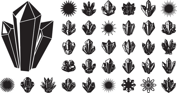 Mineral crystal and precious gemstone silhouette icons
