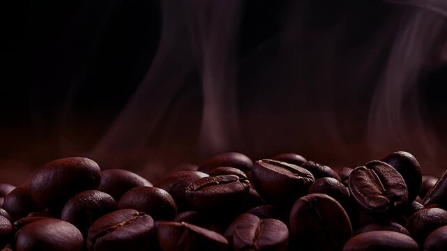 Smooth cinematic zoom on roasted coffee beans with rising steam on a dark background. Warm aromatic coffee scene with rich texture and atmospheric motion, ideal for cafe branding, food advertising