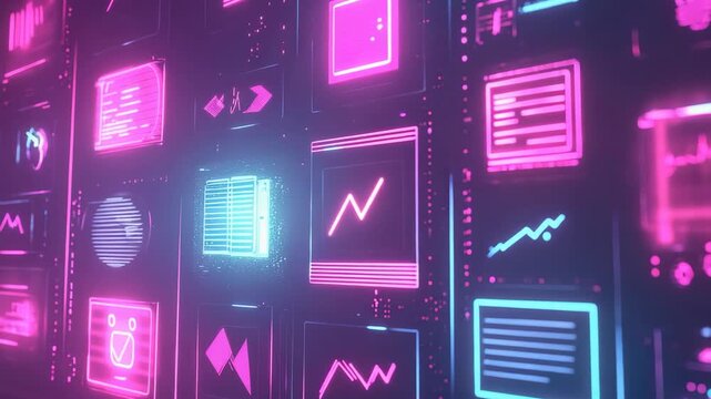 Colorful graphs and data visualizations animate on screens. Bright lights flash as numbers and symbols move. The tech hub is filled with activity and energy late at night