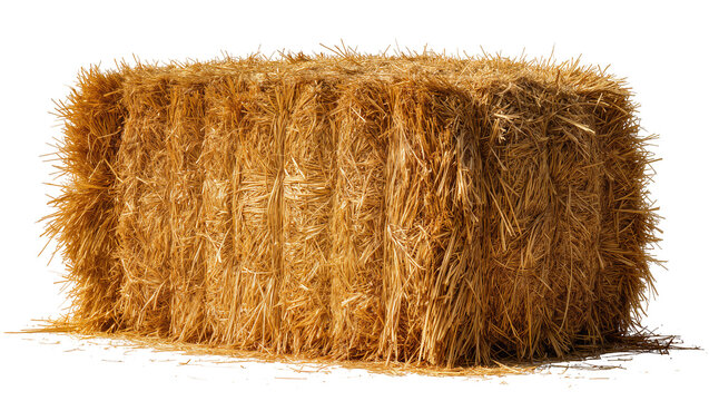 Rectangular golden hay bale dry straw texture, isolated on transparent background
