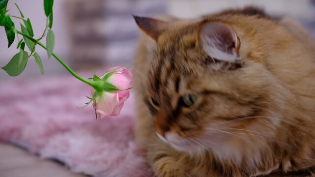 Fluffy cat curiously sniffs a delicate rose in a cozy room. Quiet celebration of simple joys, where curiosity meets beauty in the comfort of a beloved home. Funny Pampered Pets. Animals behavior