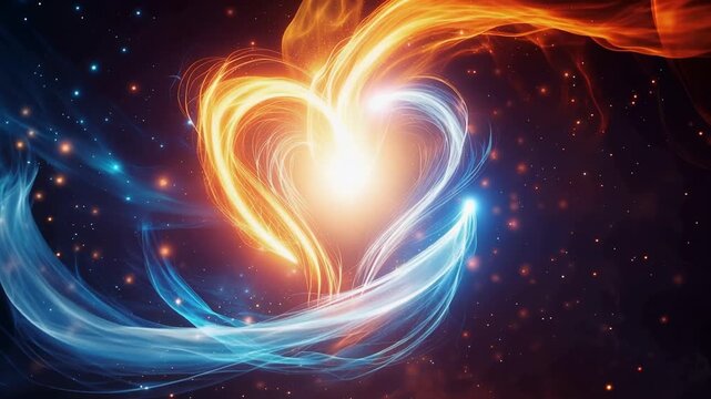 Glowing abstract heart formed by flowing fire and water energy in cosmic space background scene