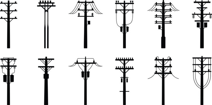 Collection of utility pole silhouettes with transformers and overhead electrical distribution line infrastructure isolated icon set