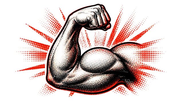Retro Halftone Muscular Flexed Arm Illustration &ndash; Vintage Comic Fitness Strength Concept