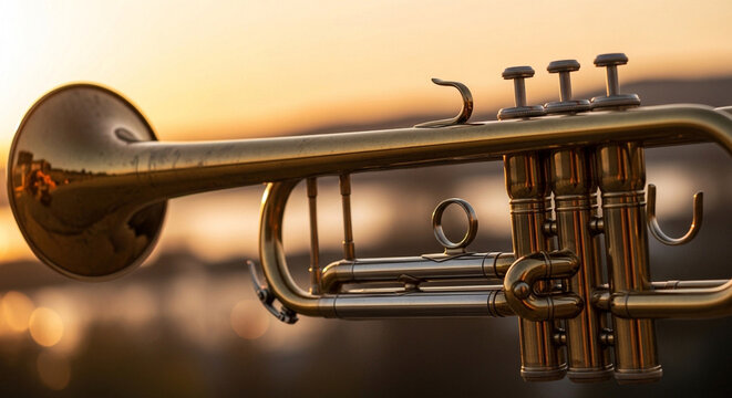 Close-up of a golden brass trumpet with its valves and tubing reflecting the warm glow of a sunset over a blurred water background.