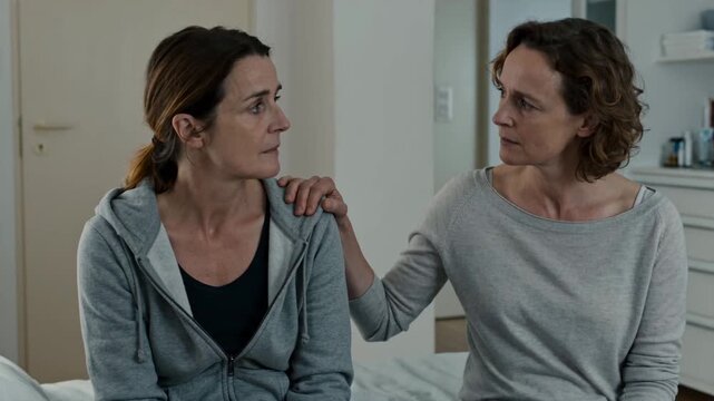 Two Middle-Aged Caucasian Women Experiencing Emotional Micro-Moments of Sadness, Empathy,