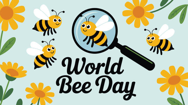 colorful world bee day illustration with cute cartoon bees, magnifying glass and floral background for pollinator awareness and environmental conservation design